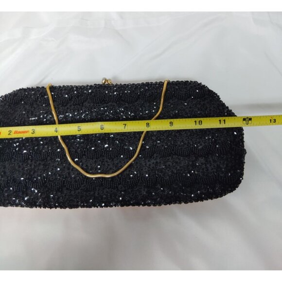 Vintage Black Sequin Clutch With Gold Chain & Mirror Made in British Hong Kong - Picture 2 of 9